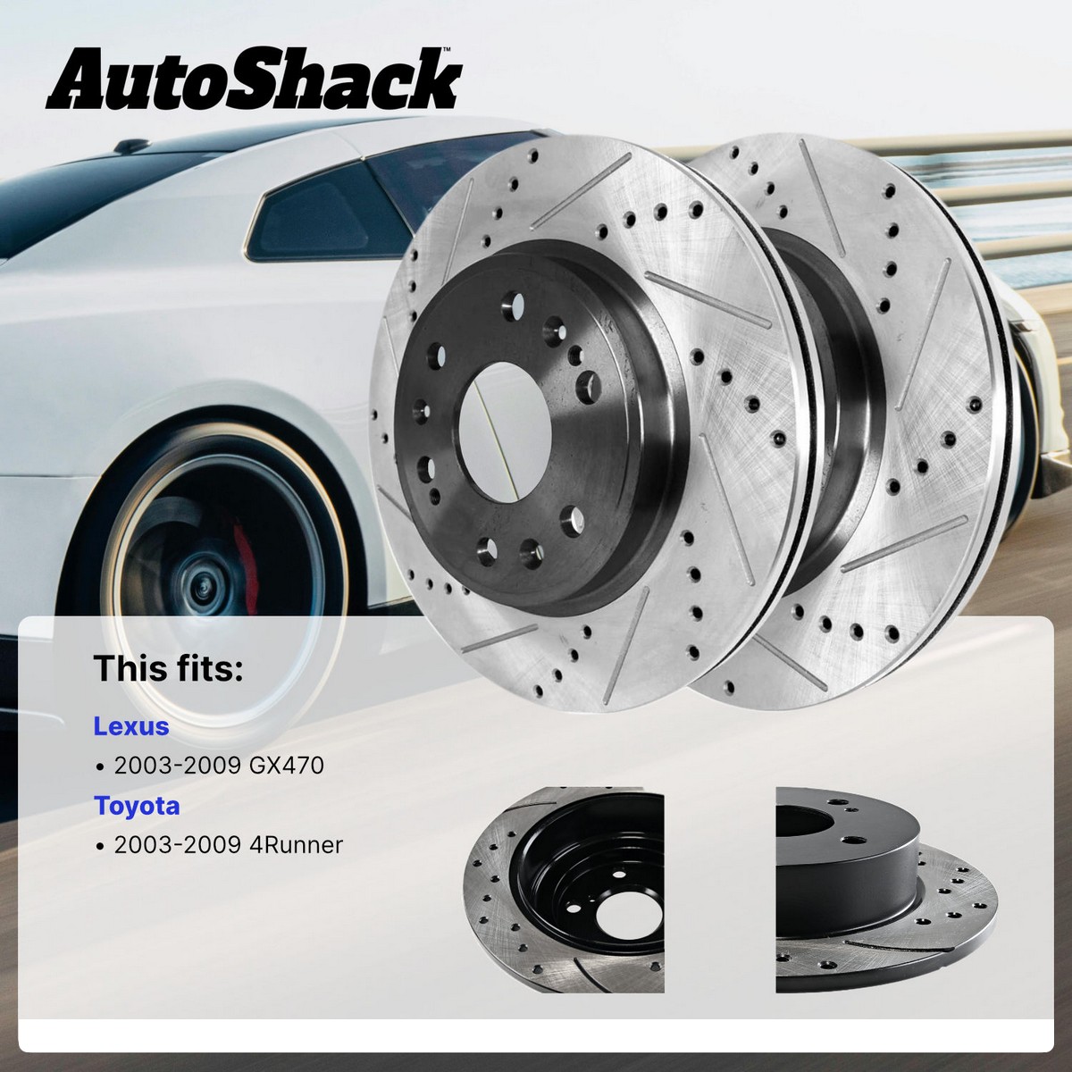 AutoShack Front Drilled and Slotted Brake Rotors Silver and Performance Ceramic Pads Set Pair of 2 Driver and Passenger Side Replacement for 2並行輸入 PR44351DSCPR - Front TurboGuard Coated Drilled Slotted Silver