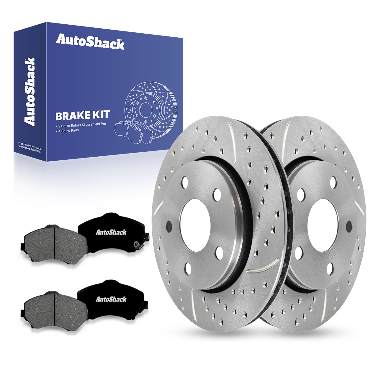 AutoShack Front Drilled and Slotted Brake Rotors Silver and Performance Ceramic Pads Set Pair of 2 Driver and Passenger Side Replacement for 2並行輸入 PR44351DSCPR - Front TurboGuard Coated Drilled Slotted Silver