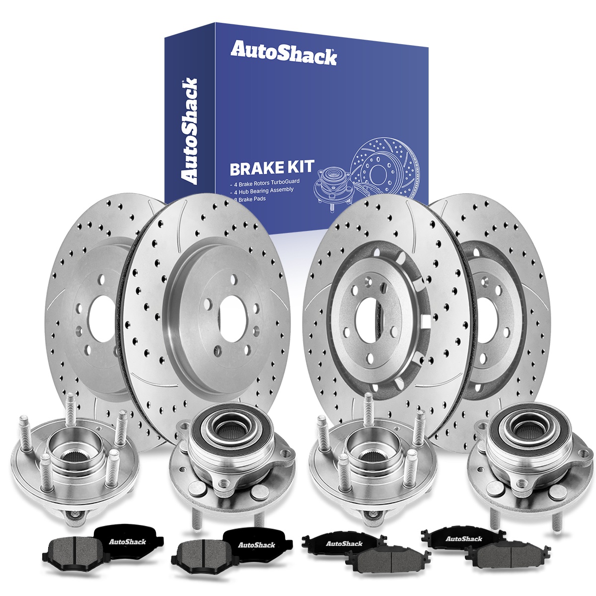 AM Autoparts Drilled & Slotted Brake Rotor Kit With Ceramic Pads (Front & Rear)